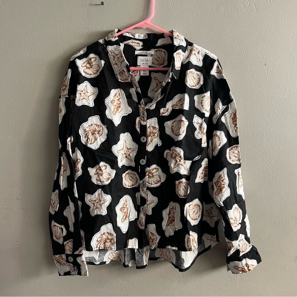 Nicole Miller Women’s 100% Linen Shirt Black & White Shell Print Button-Up L